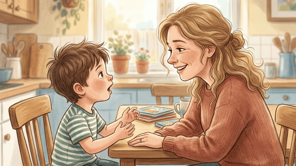 child practicing speech with parent encouragement