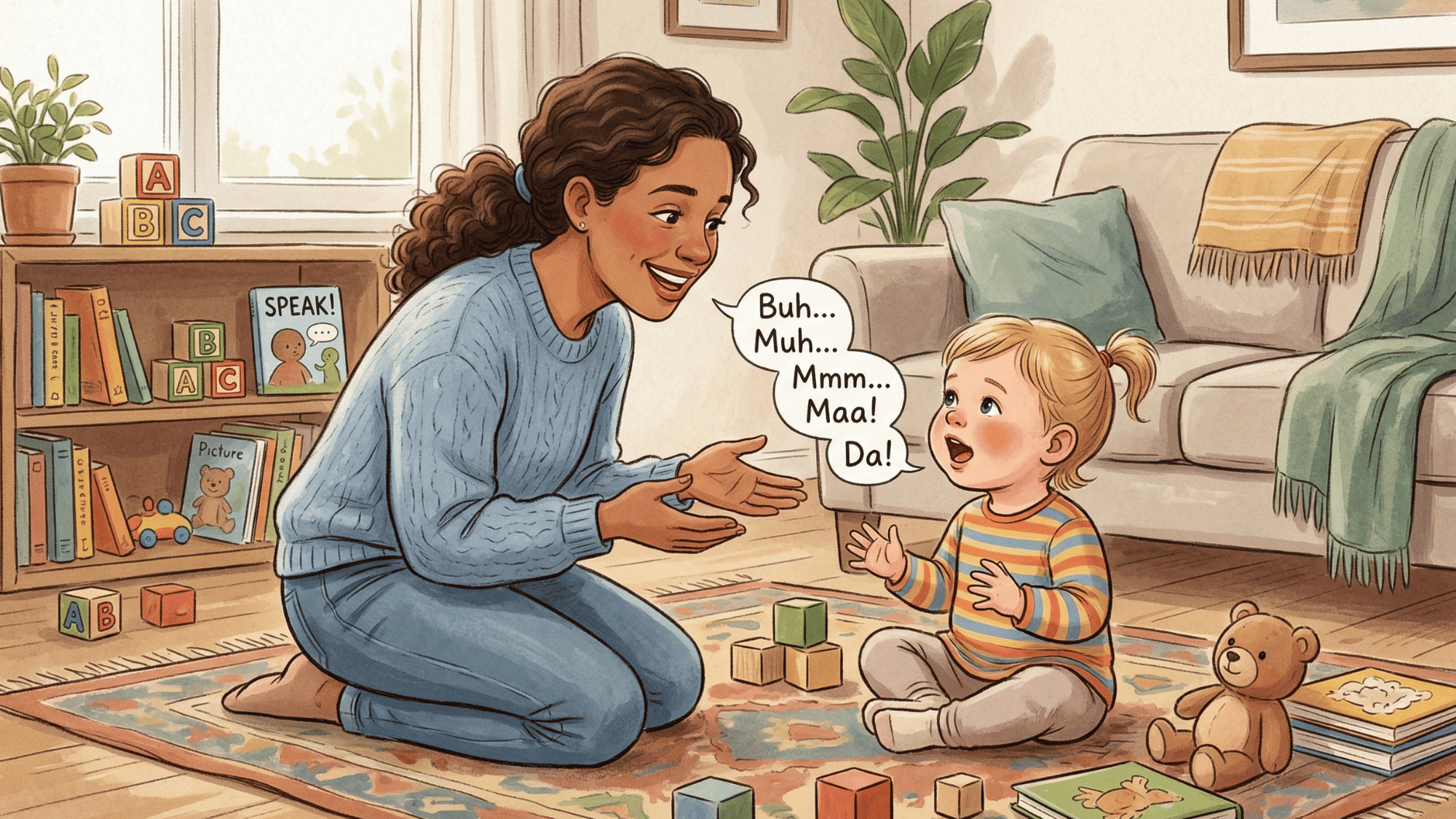 child trying to speak while parent encourages with smile