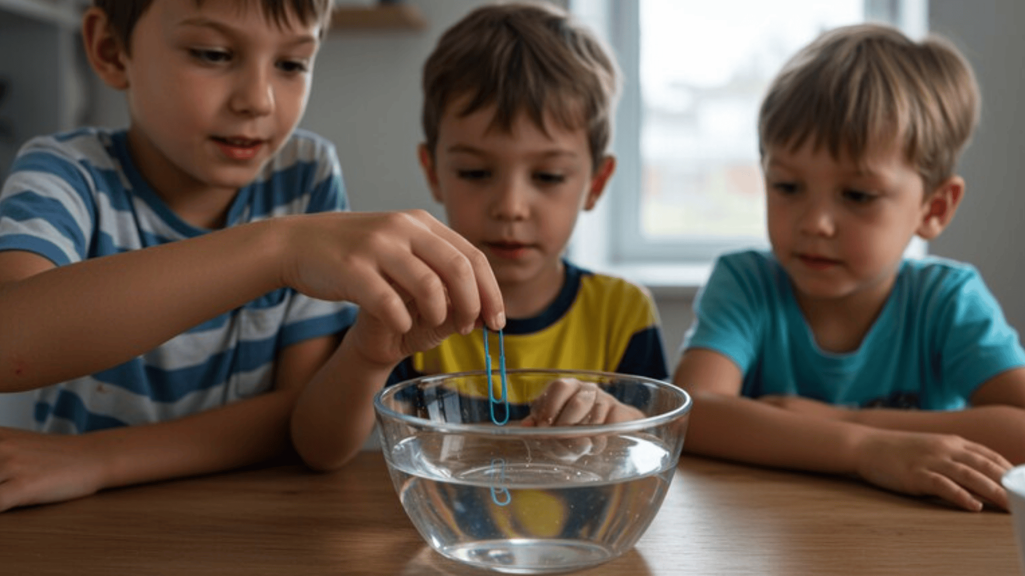 children conducting a science experiment at home, paperclip floating on water in glass bowl, curious expressions