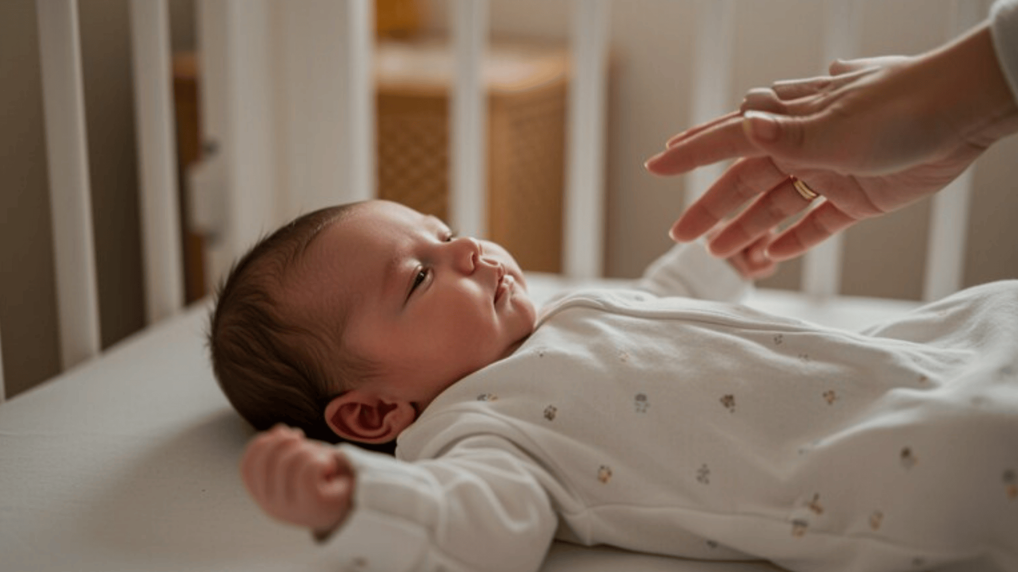 close-up of a drowsy but awake 5 month old baby lying in a crib