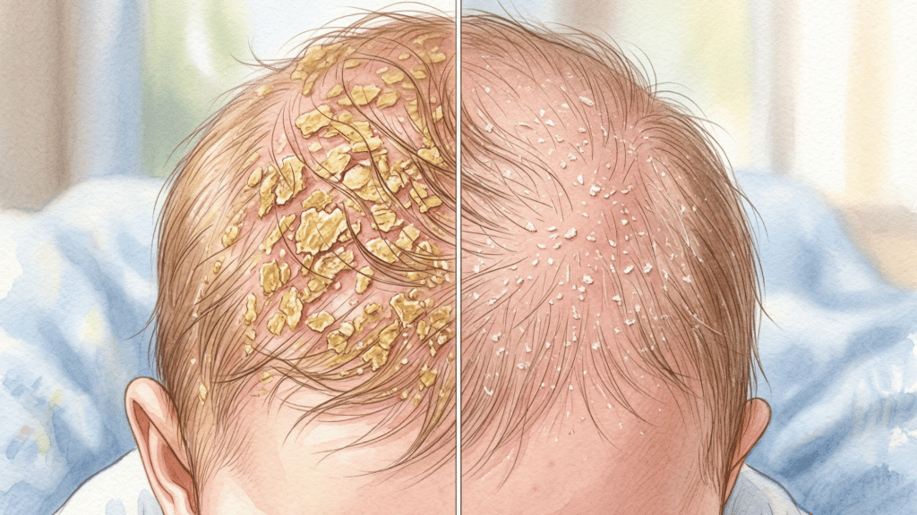close-up of baby scalp showing cradle cap with yellow flakes and dry scalp showing small white flakes on head