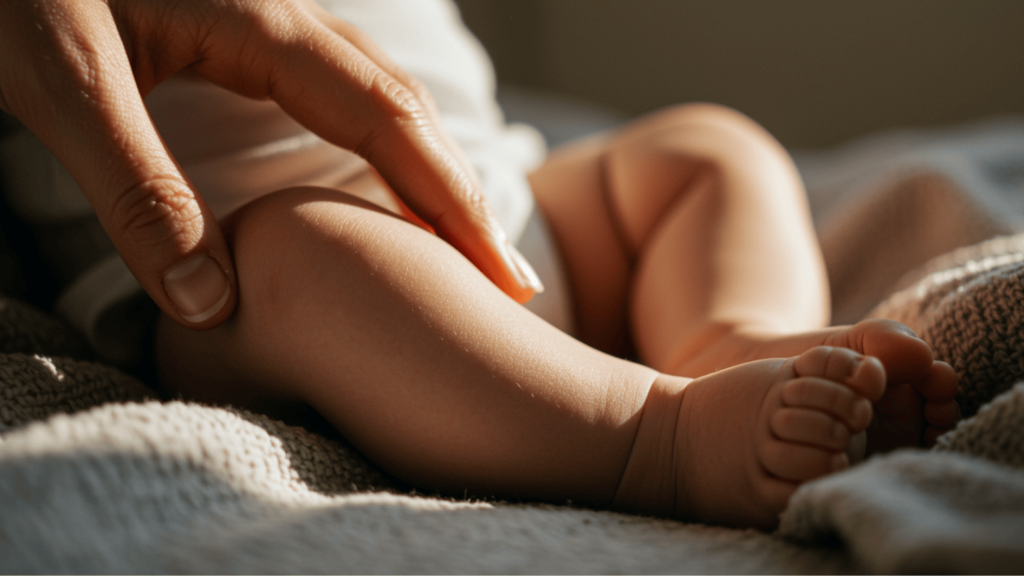 close-up of baby’s leg while adult gently touches skin, showing care and tenderness in warm lighting