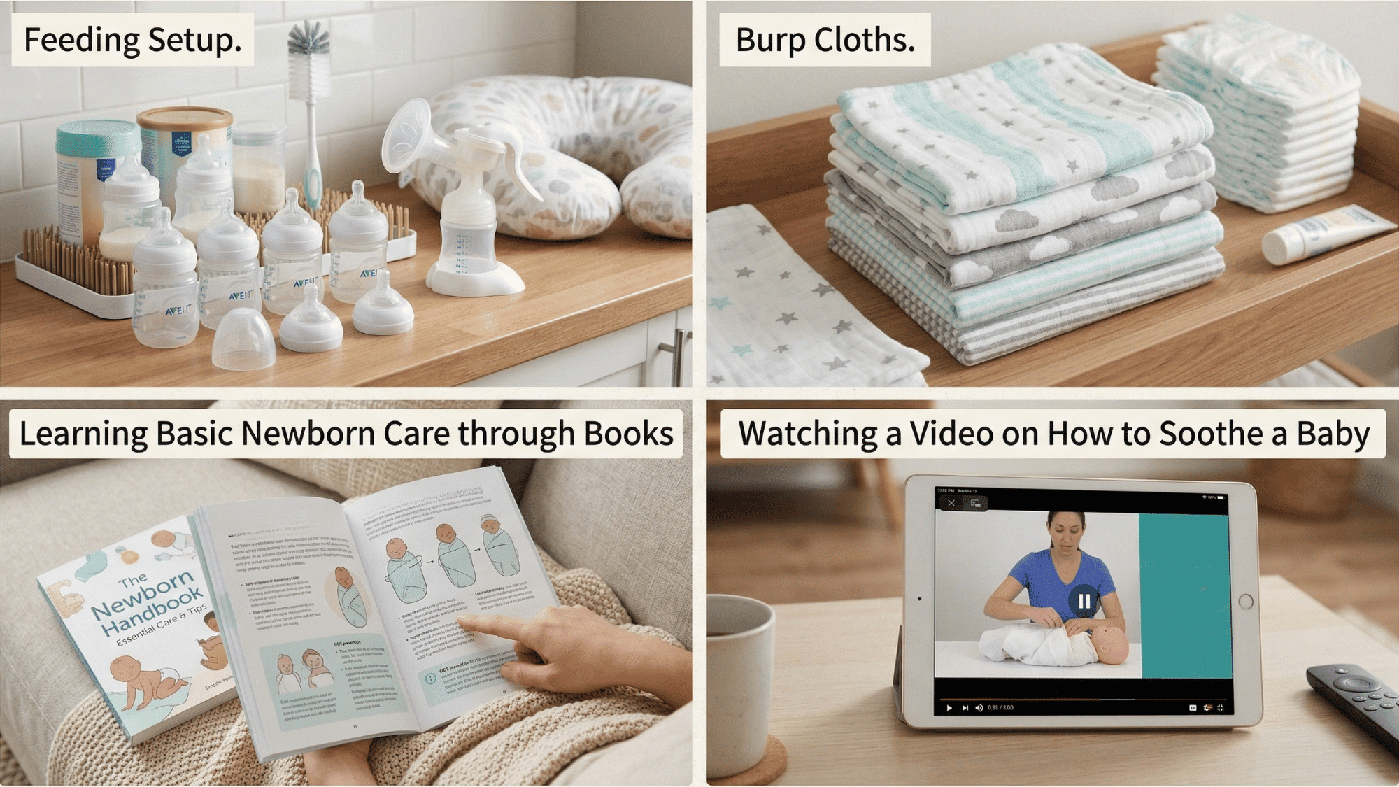 collage of feeding setup, burp cloths, baby being soothed, night feeding scene