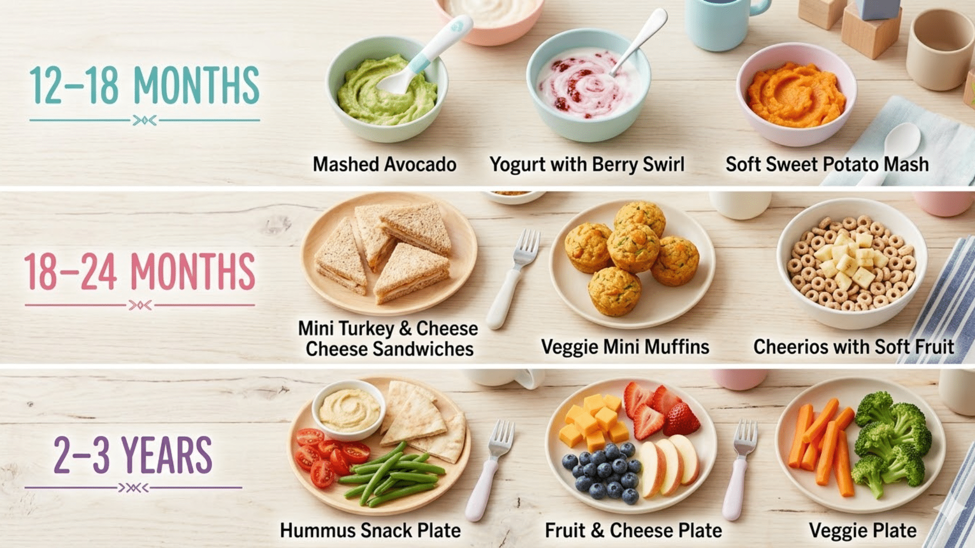 collage of toddler snacks by age showing soft foods, combo snacks, and finger foods arranged in sections for ages 1 to 3 years