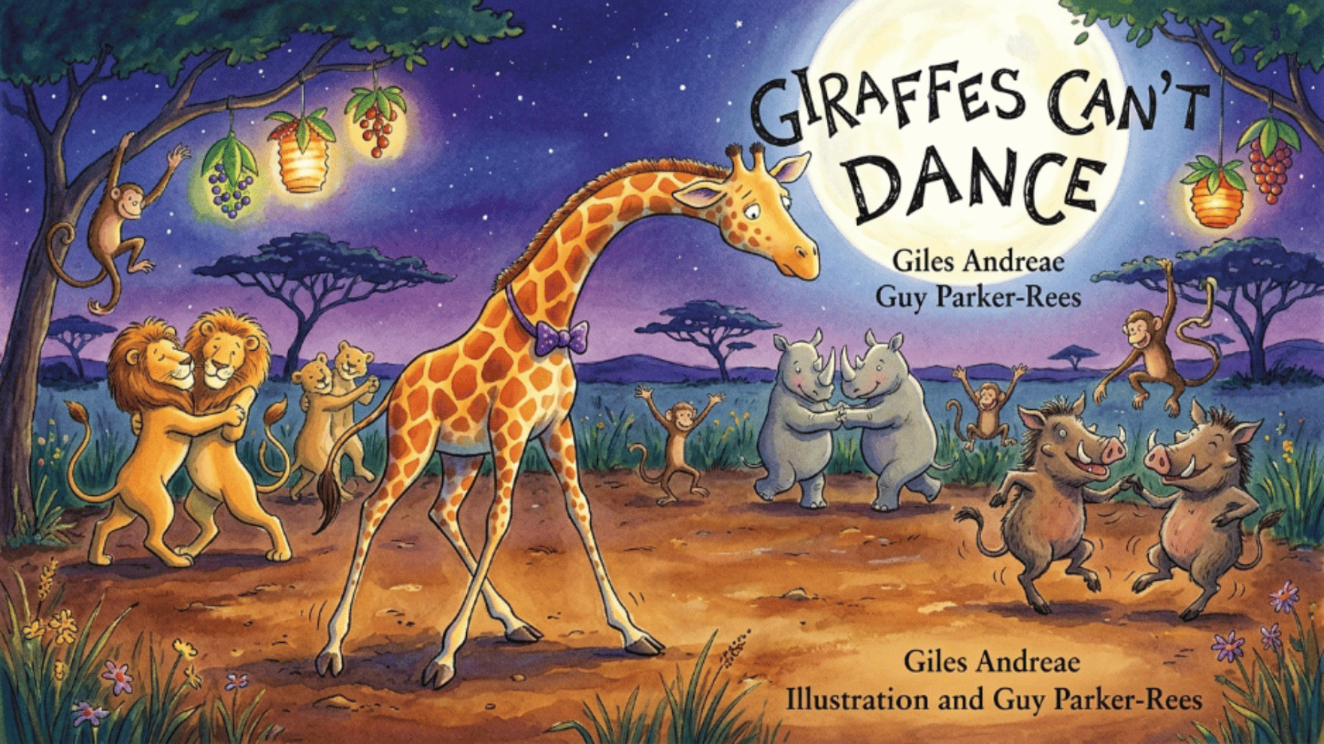 colorful Giraffes Can’t Dance book cover showing animals dancing under moonlight while a giraffe stands shyly in a jungle scene