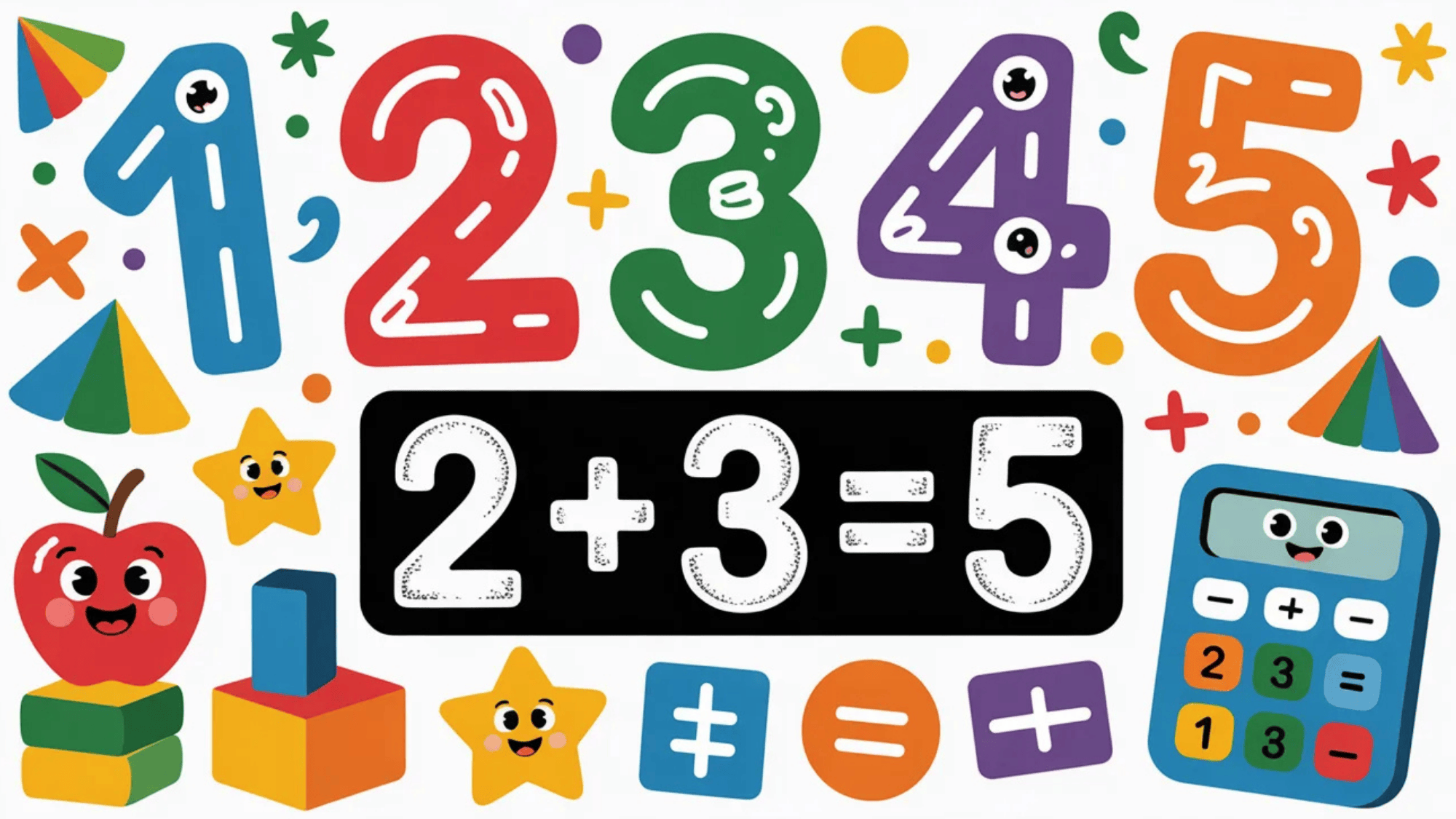 colorful and playful math-themed illustration with numbers, symbols, and shapes for kids