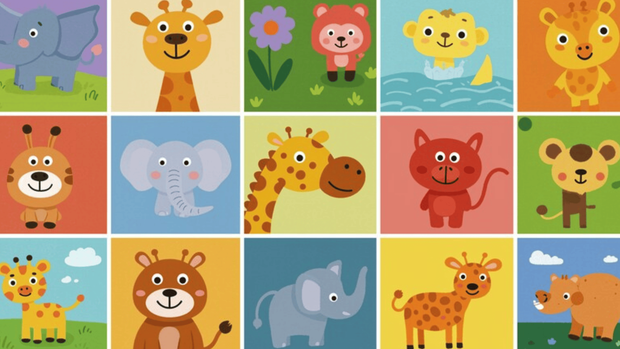 colorful animal collage for kids, friendly smiling animals, simple shapes, bright primary colors