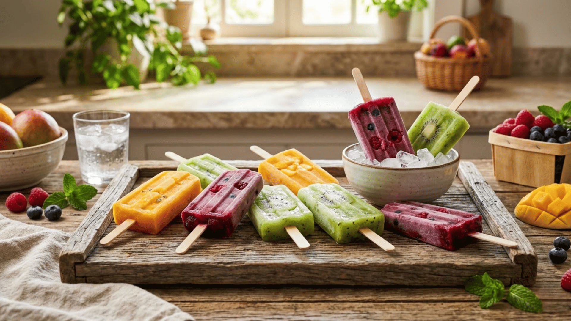 colorful homemade fruit popsicles made with blended fruits, displayed on a wooden tray with fresh fruit around.