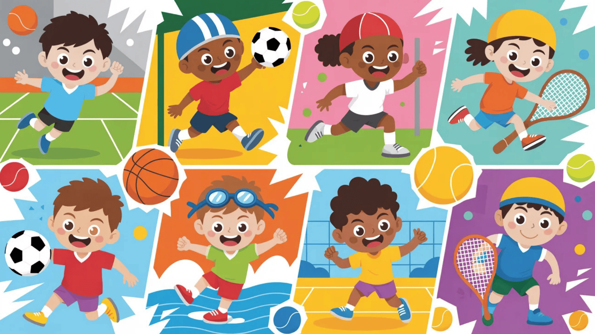 colorful illustration of children playing various sports like soccer, tennis, and swimming