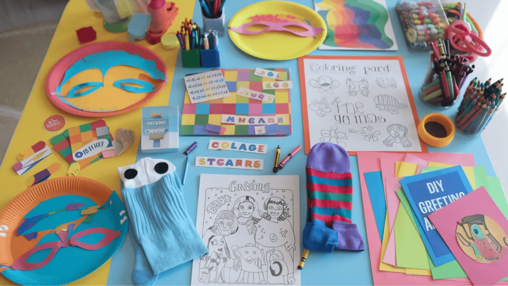 colorful kids craft table with paper masks, crayons, coloring sheets, socks, and diy greeting cards for creative activities