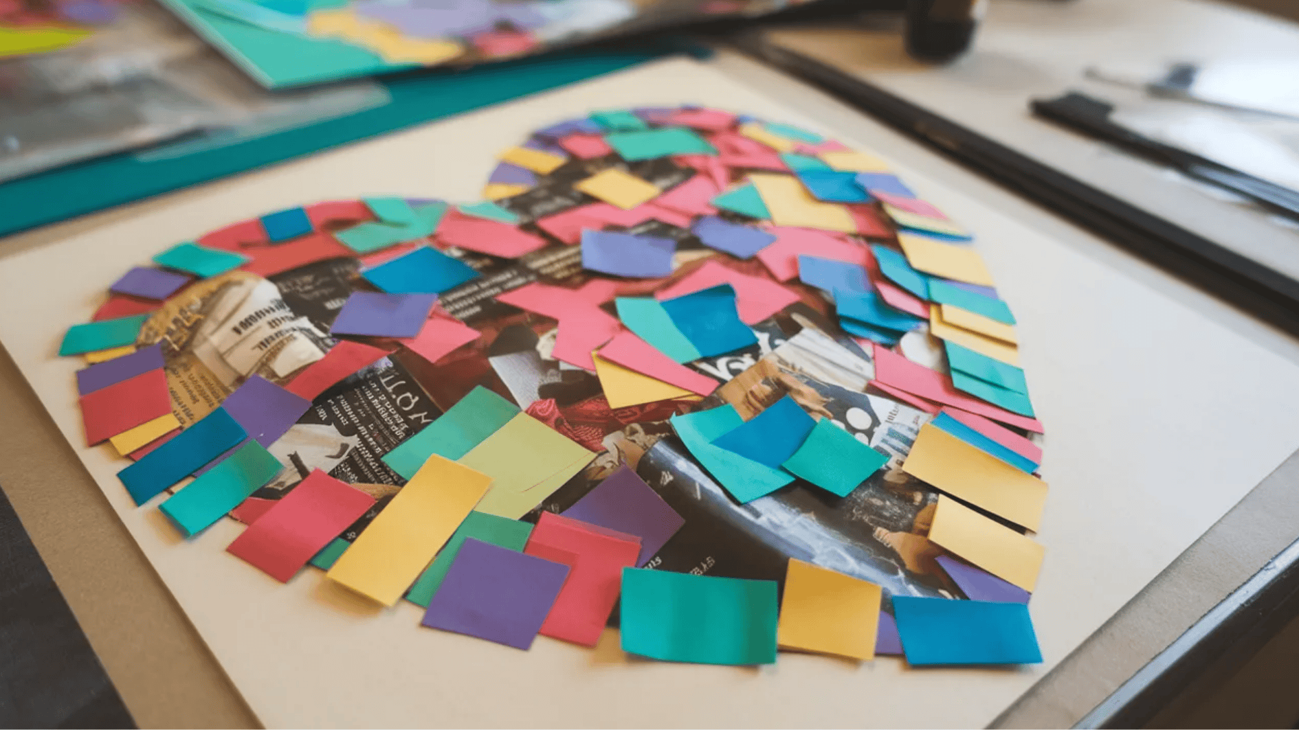 colorful paper collage artwork made from cut paper squares and magazine pieces arranged in a creative design on sheet