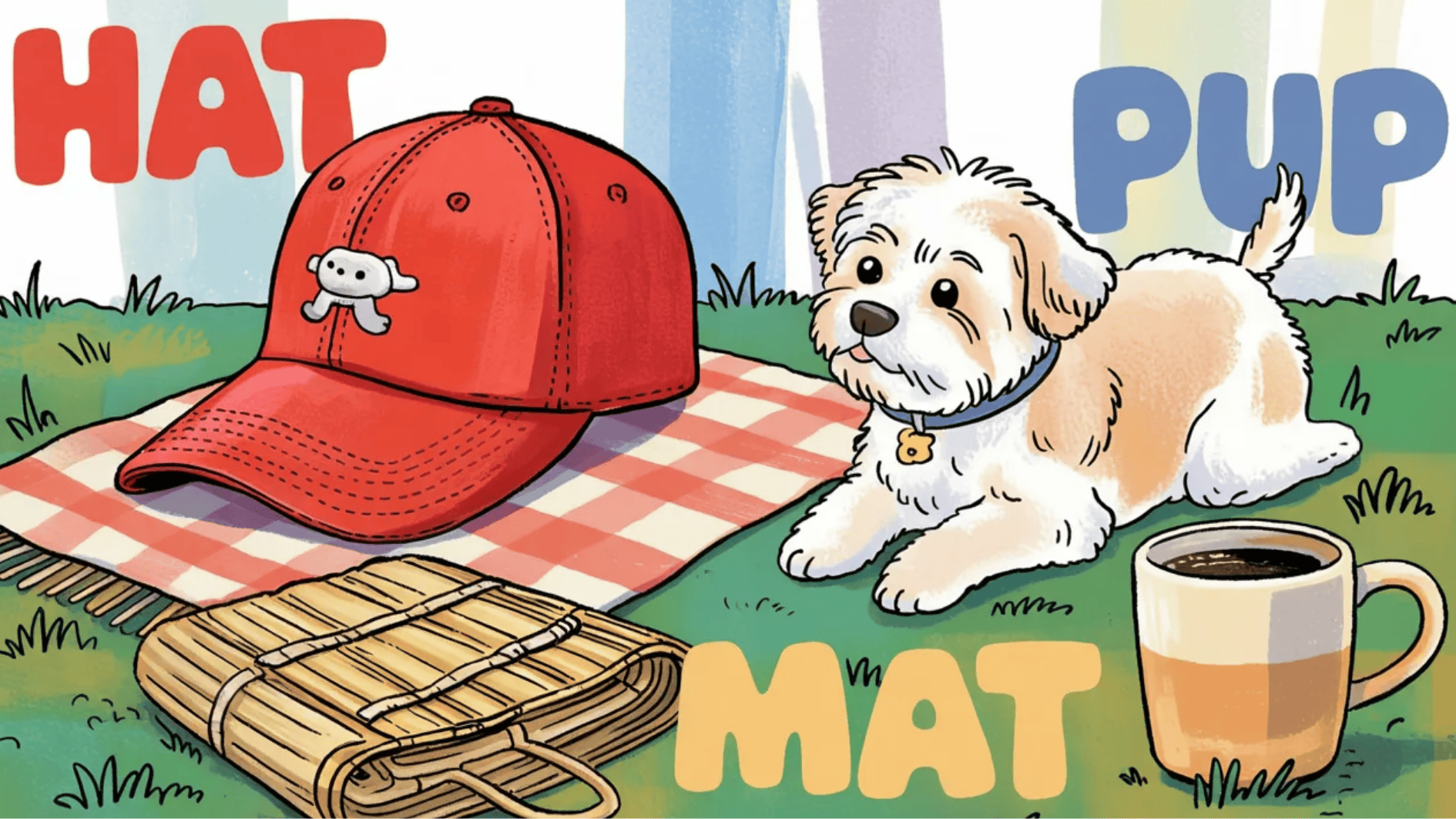 Illustration of a hat, dog labeled pup, and mat on grass with a picnic setup and cup nearby