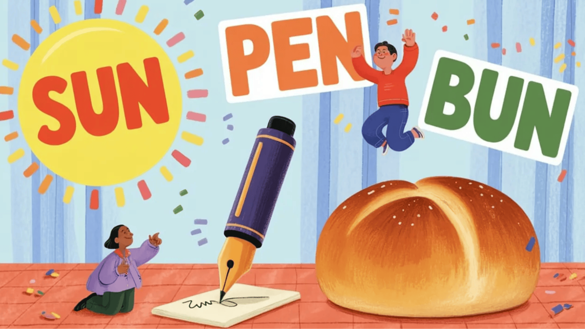 Illustration of sun, pen, and bun with matching words, children interacting, and a pen writing on paper