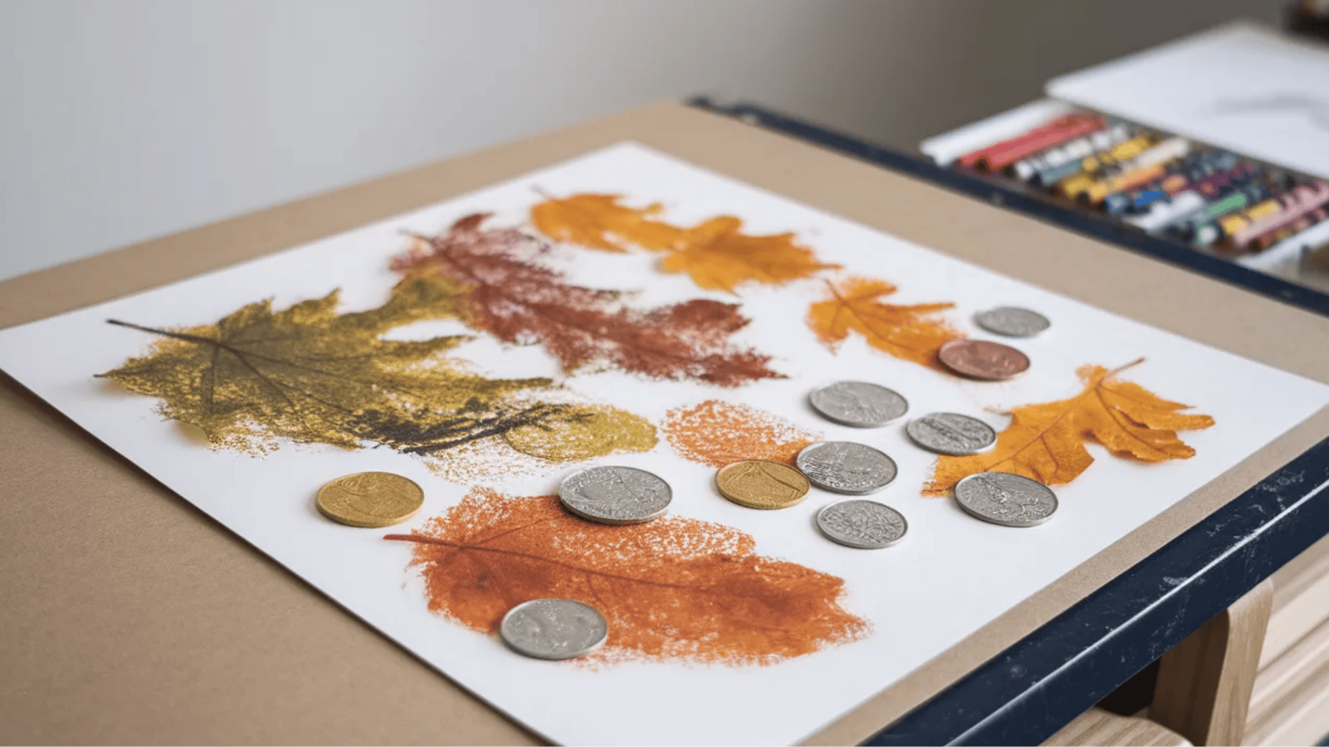 crayon rubbing art with leaves and coins on paper, showing colorful textured patterns created with crayons