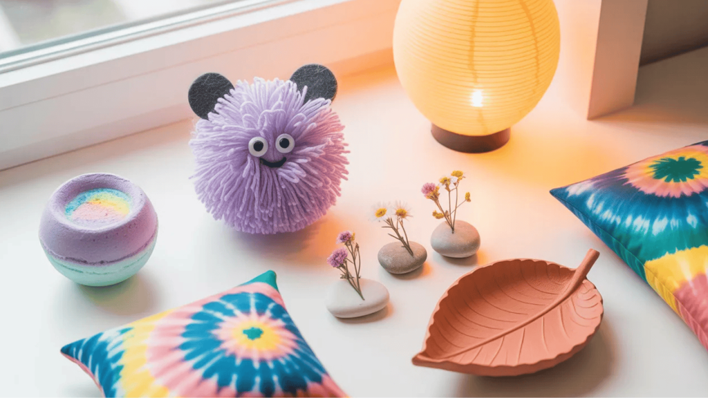 creative crafts including a colorful bath bomb, pom-pom monster, tie-dye pillow, flower petals, and a clay leaf dish
