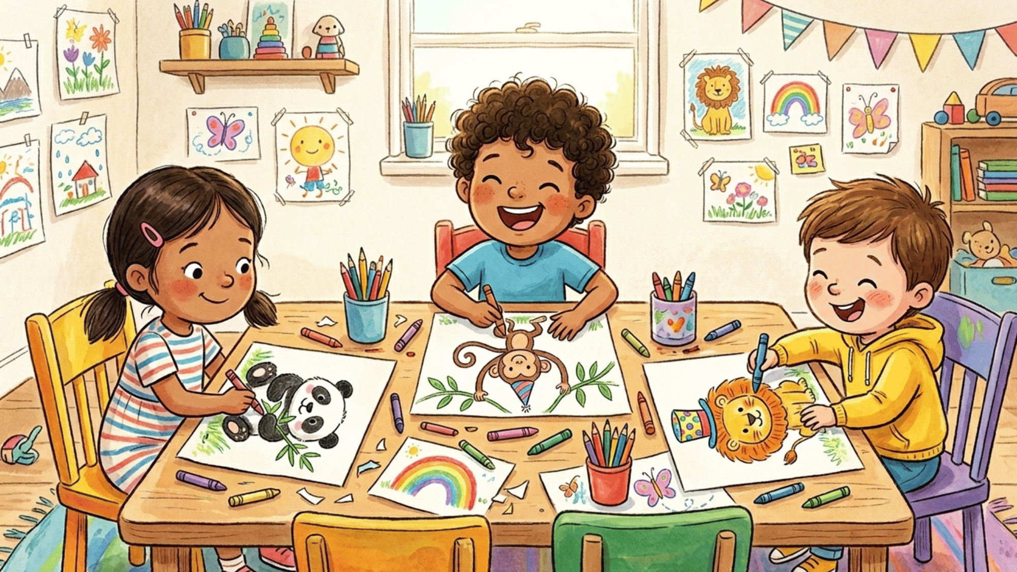 cute kids drawing animals like monkey, lion with hat, panda eating bamboo, colorful crayons