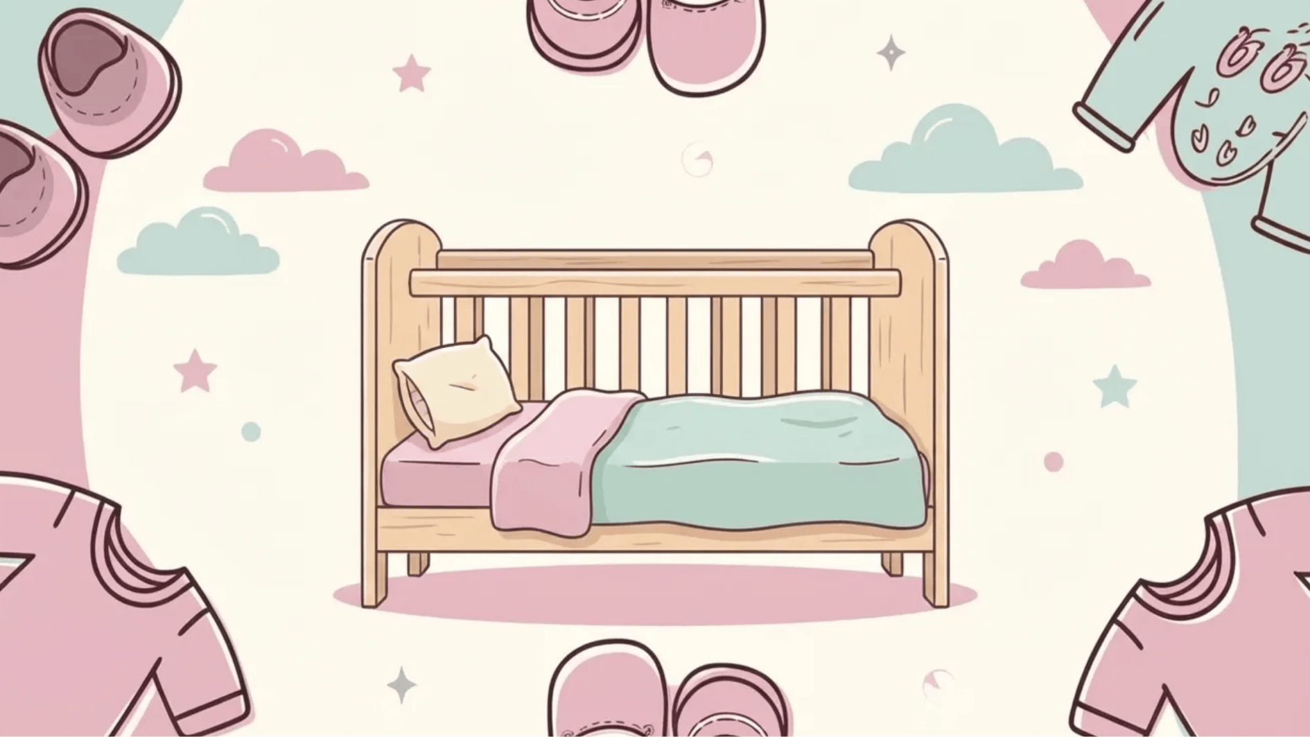 cute nursery illustration with baby crib, blanket, pillow, and pastel baby clothes, shoes, and clouds around