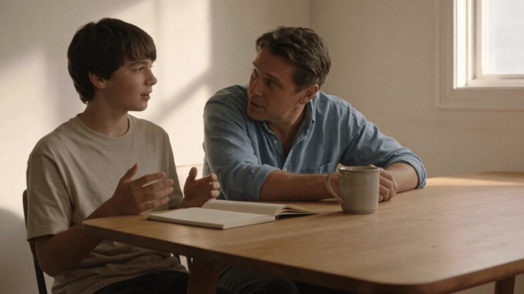 effective Communication with Teen, honest expression, neutral tones, subtle props like notebook and mug on table