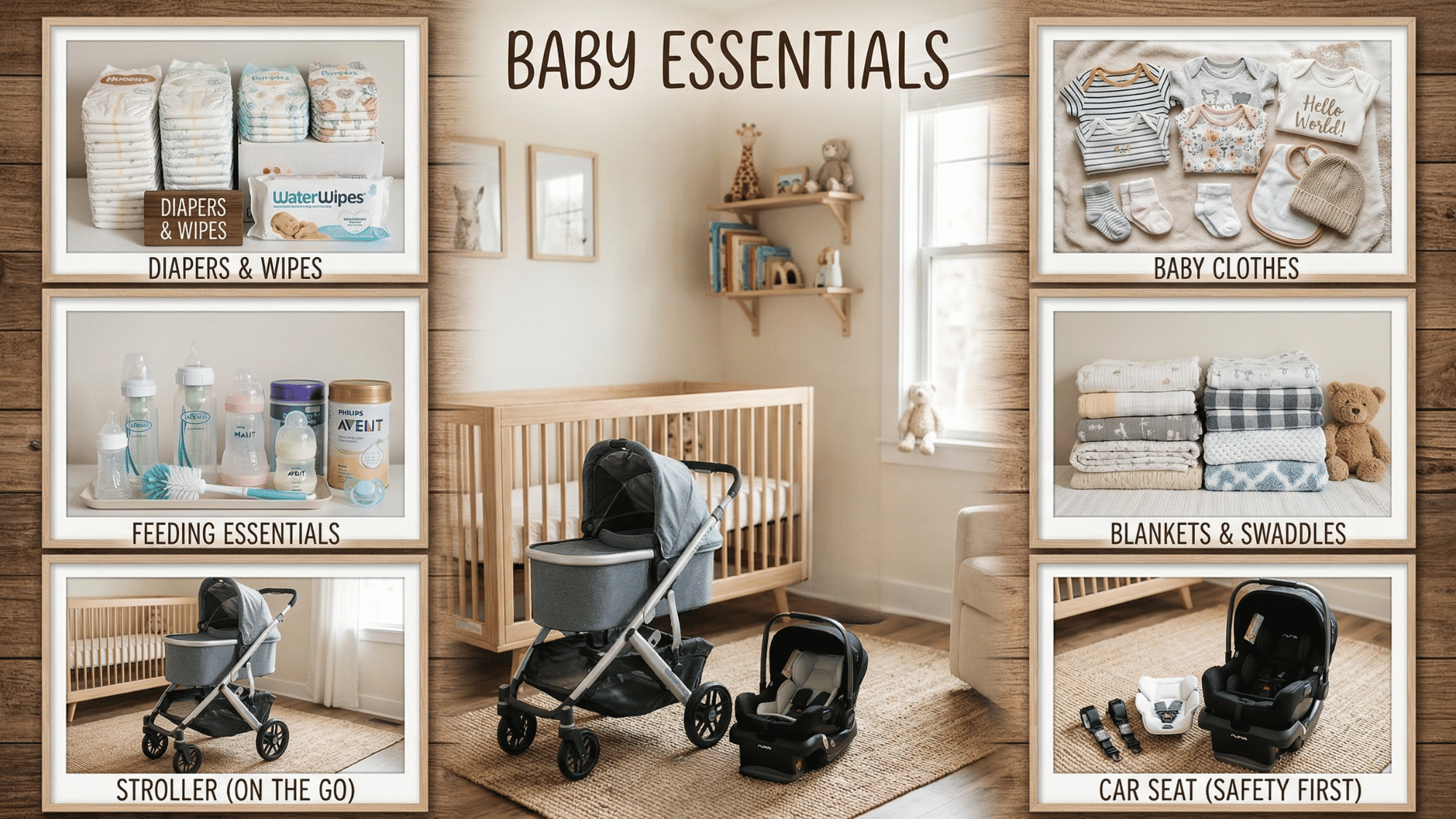 essentials collage with diapers clothes bottles stroller and car seat