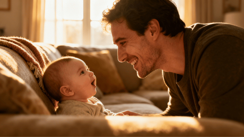 father and baby smiling at each other on couch, sharing a joyful bonding moment in soft sunlight