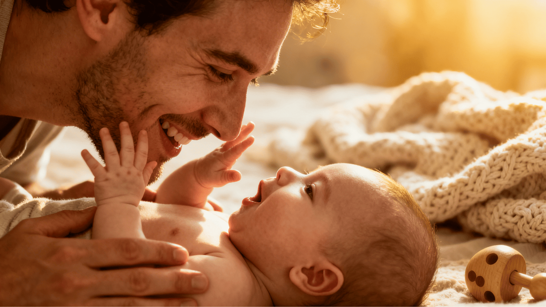 father playing with baby on bed, both smiling and touching faces in warm golden light