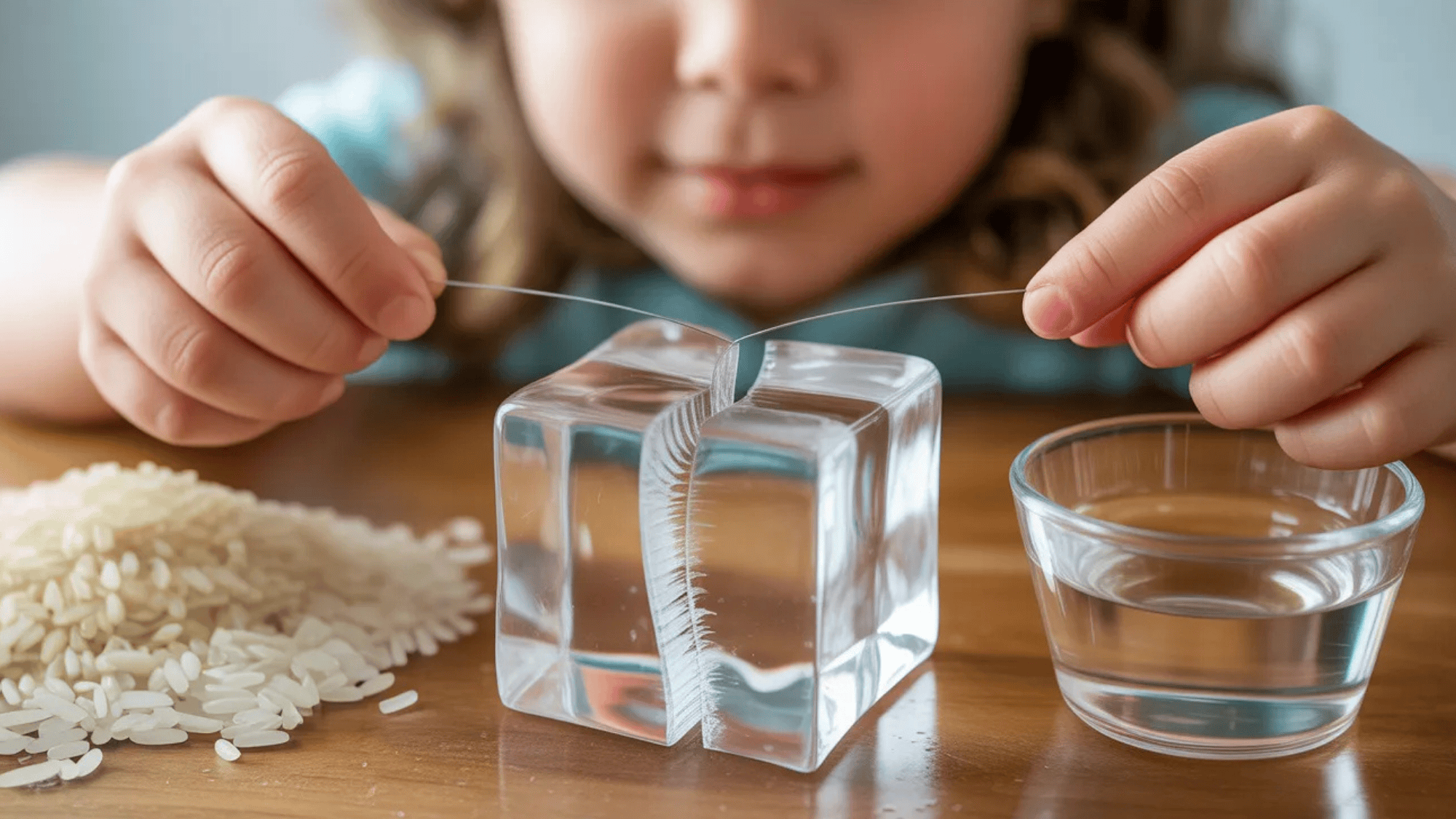 fishing wire cutting through an ice cube