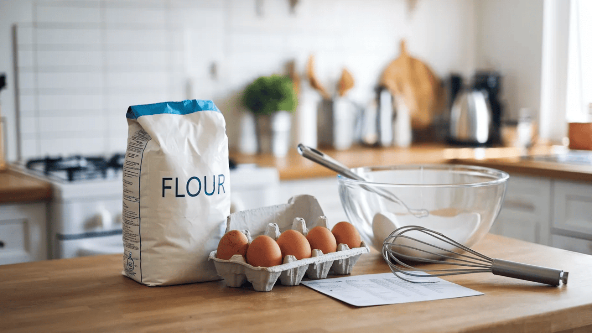 flour bag, eggs in carton, whisk, and mixing bowl on kitchen counter, ready for baking in bright home kitchen
