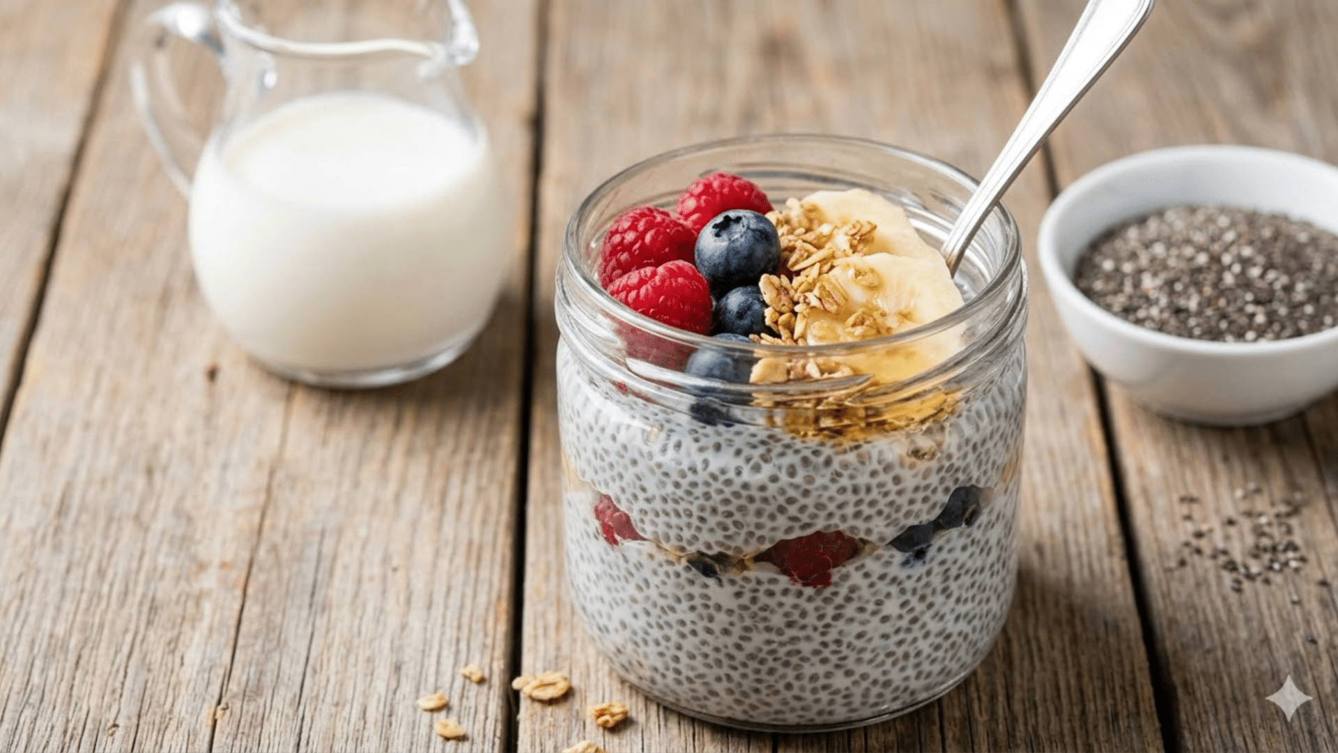 glass jar of chia pudding layered with milk, berries, banana slices, and granola on a wooden surface.