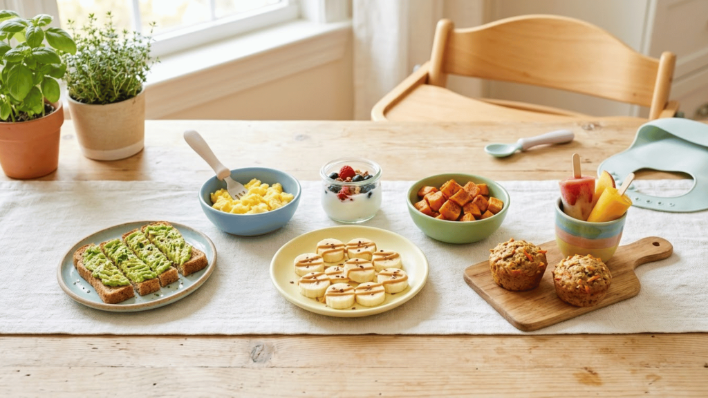 healthy snacks for 1 year old including avocado toast, eggs, yogurt, fruit, and veggie muffins arranged on a wooden table