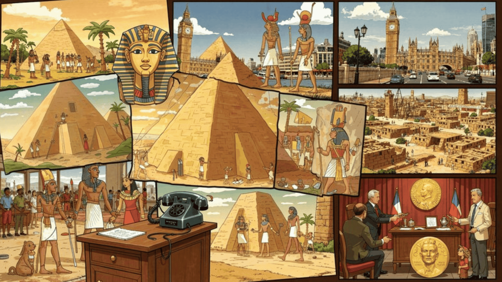 history collage for kids, colorful illustrated scenes of ancient Egypt, pyramids and pharaohs