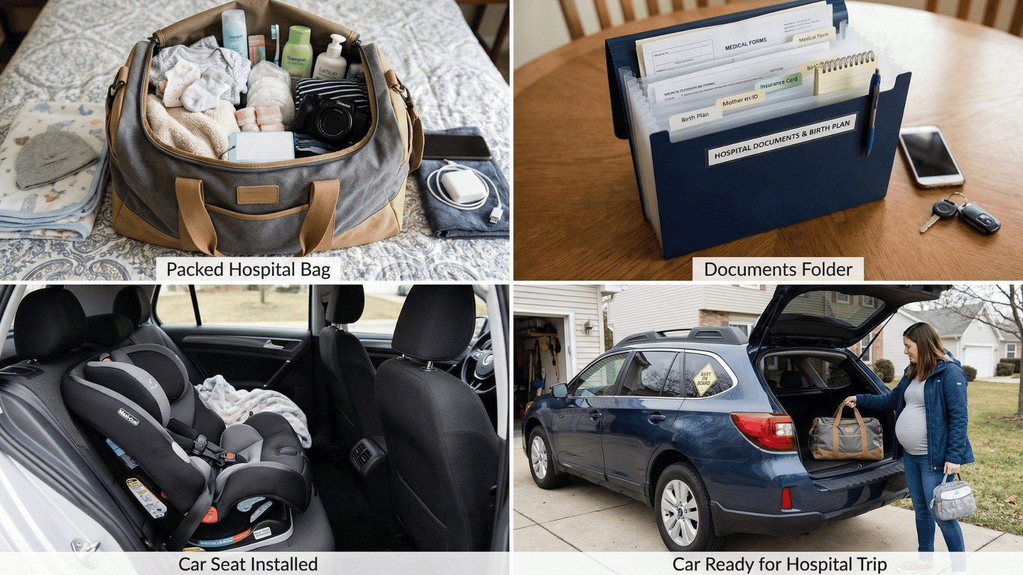 hospital prep collage with packed bag car seat facing inside car and documents ready