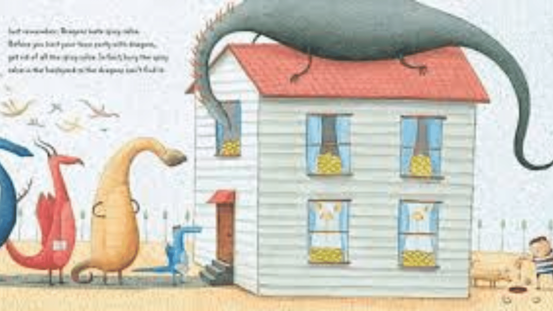 illustration from Dragons Love Tacos showing quirky dragons around a house in a playful scene