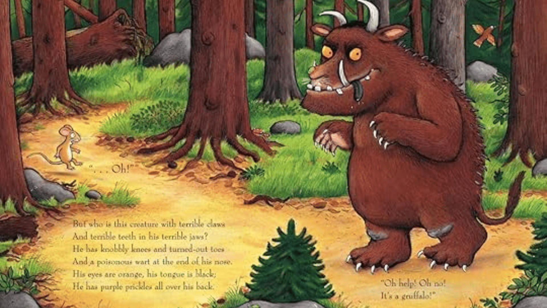 illustration from The Gruffalo showing the Gruffalo and a small mouse in a forest scene