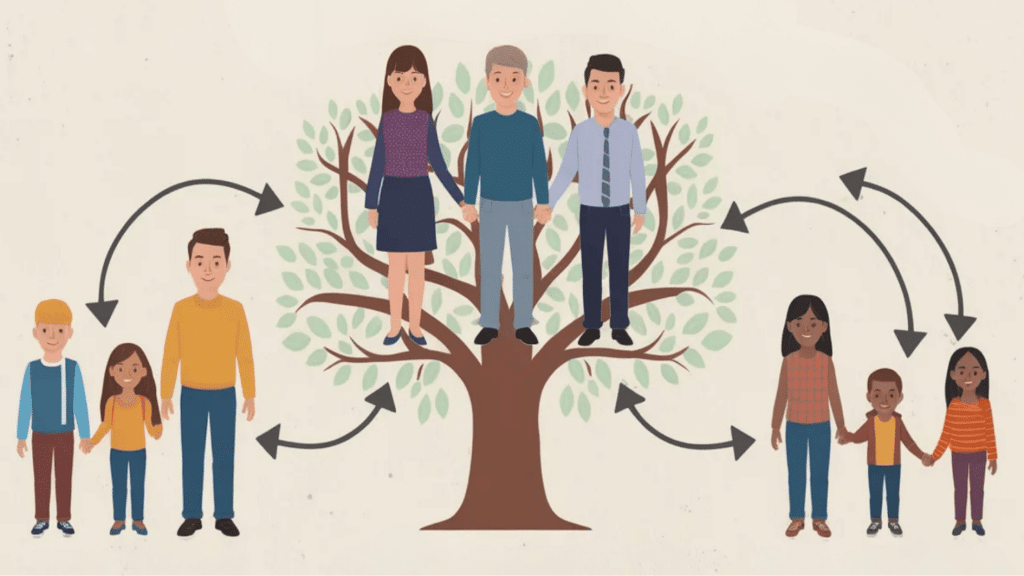 illustration of a family tree showing grandparents, parents, and children with arrows linking generations around a tree