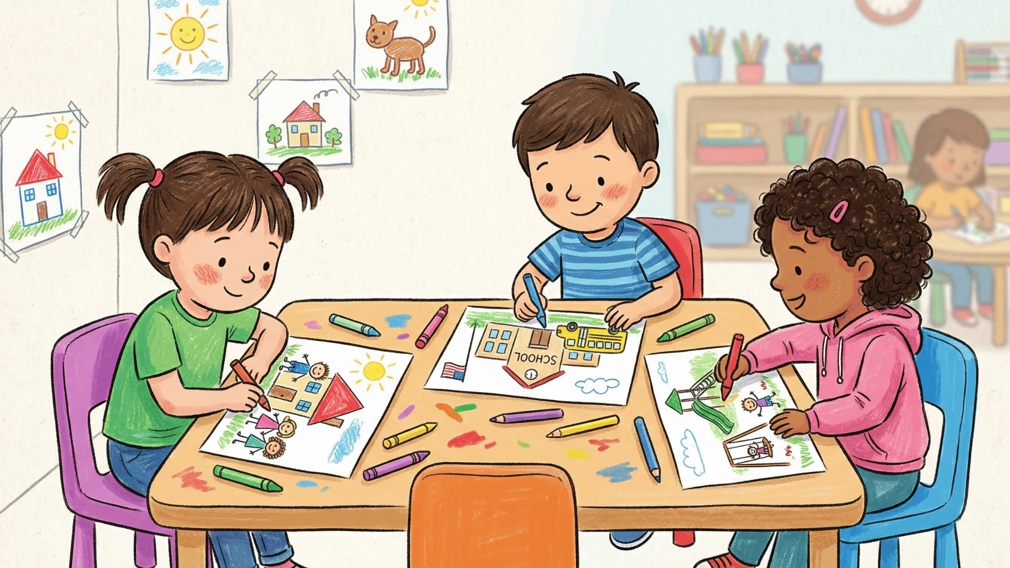 illustration of small kids drawing school,park and home