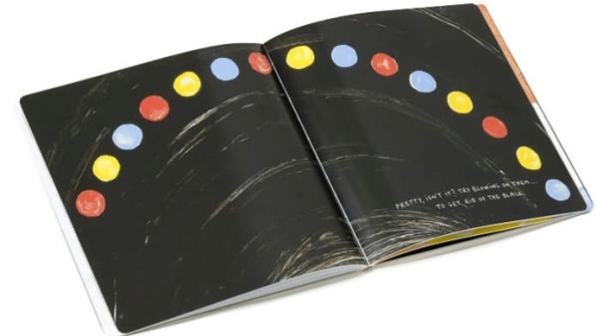 inside pages of Press Here by Hervé Tullet showing colorful dots arranged in a circular pattern on a dark background