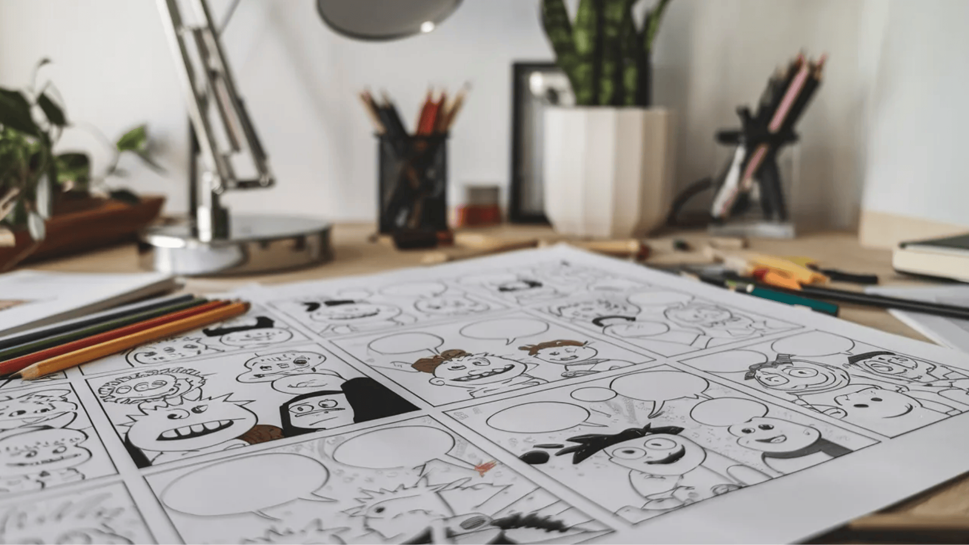 kids comic drawing worksheet with blank speech bubbles on desk, surrounded by colored pencils and art supplies