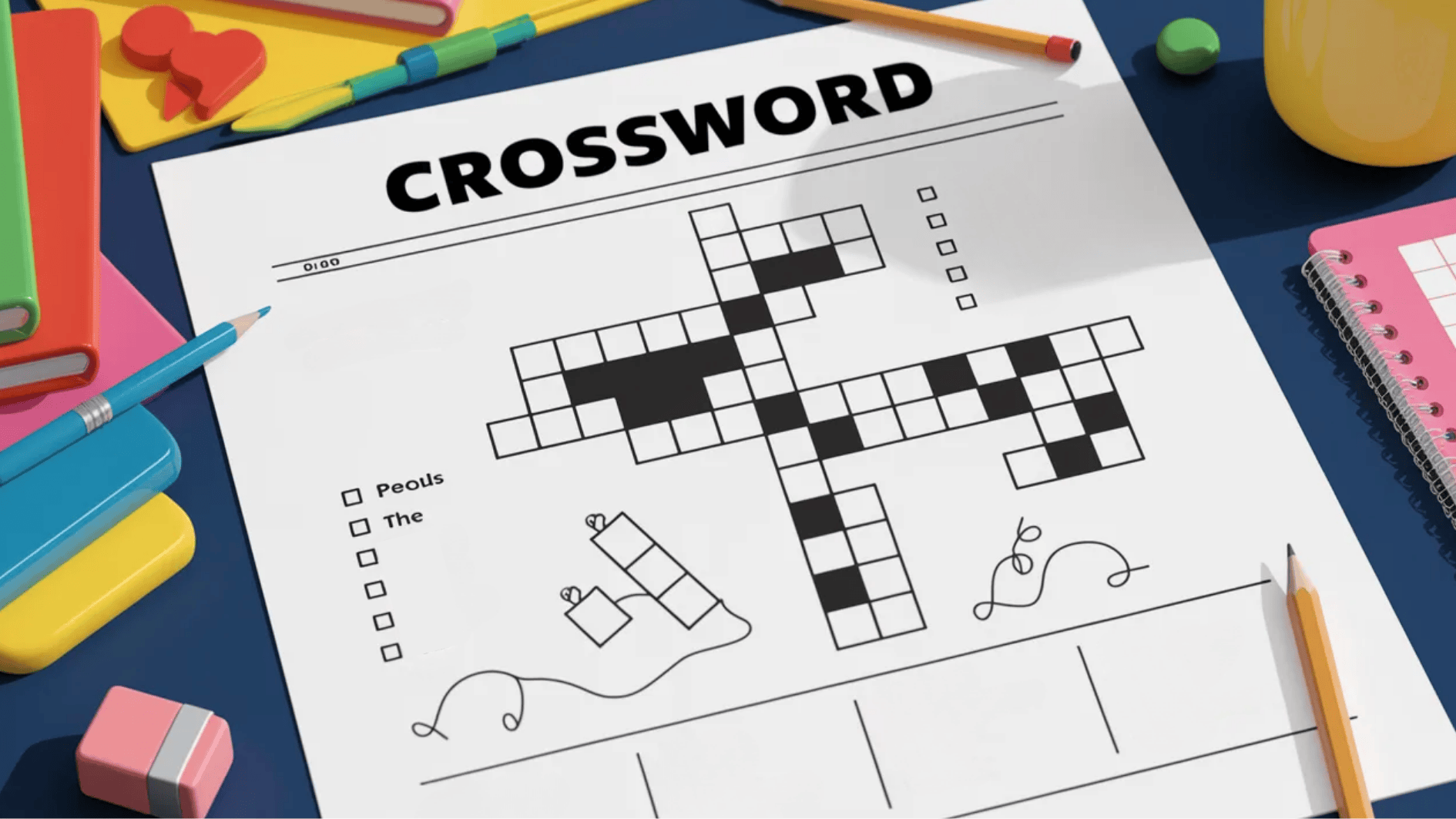 kids crossword puzzle worksheet on a desk with pencils, notebooks, and colorful school supplies around it