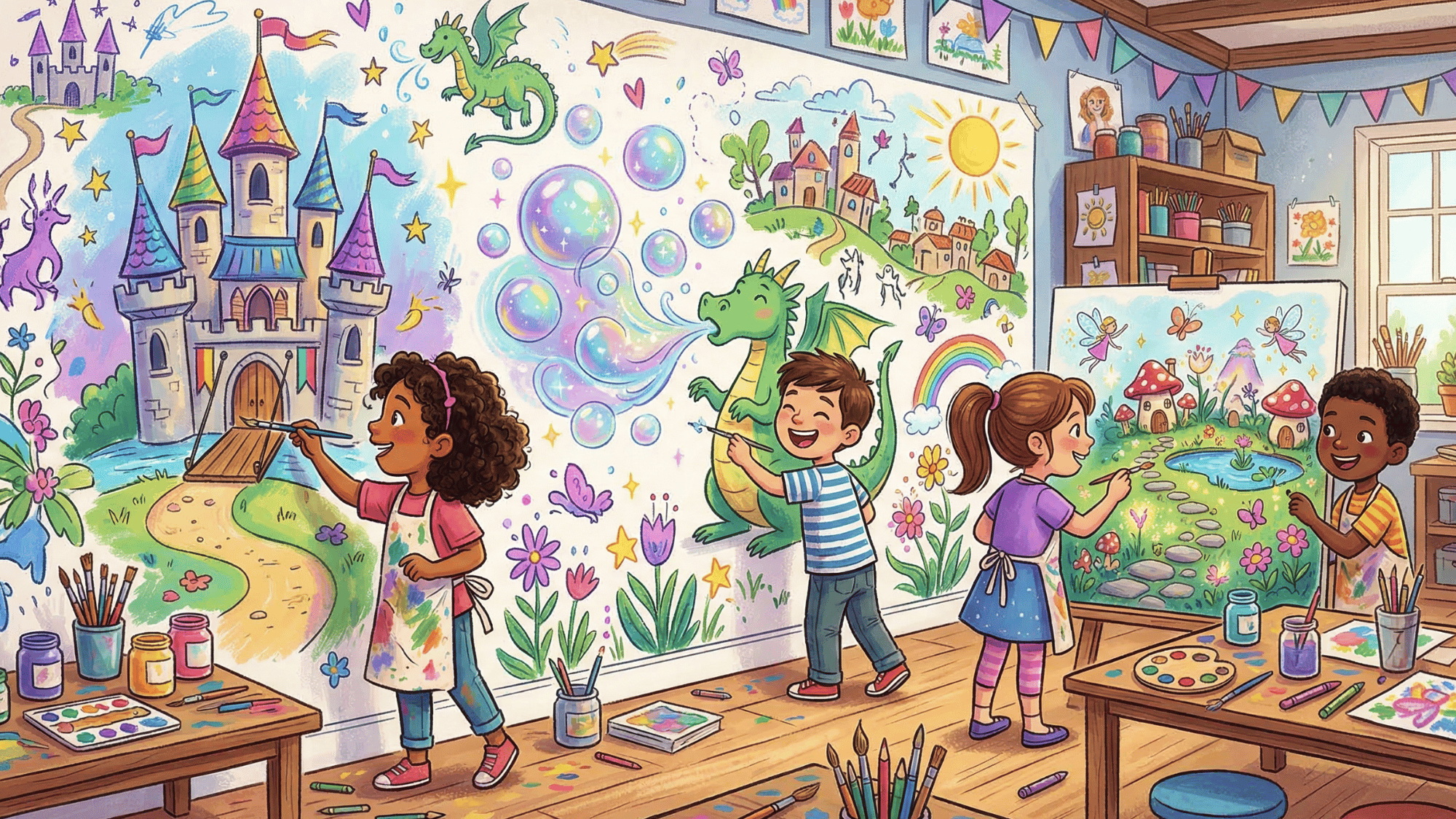 kids drawing magical scenes like castles, dragons blowing bubbles, fairy garden, bright colors