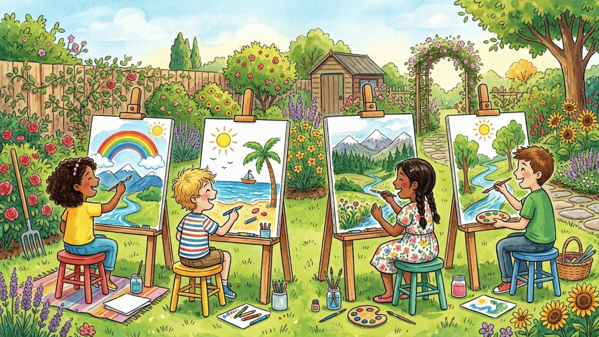 kids drawing nature scenes like rainbow, trees, mountains, river, beach