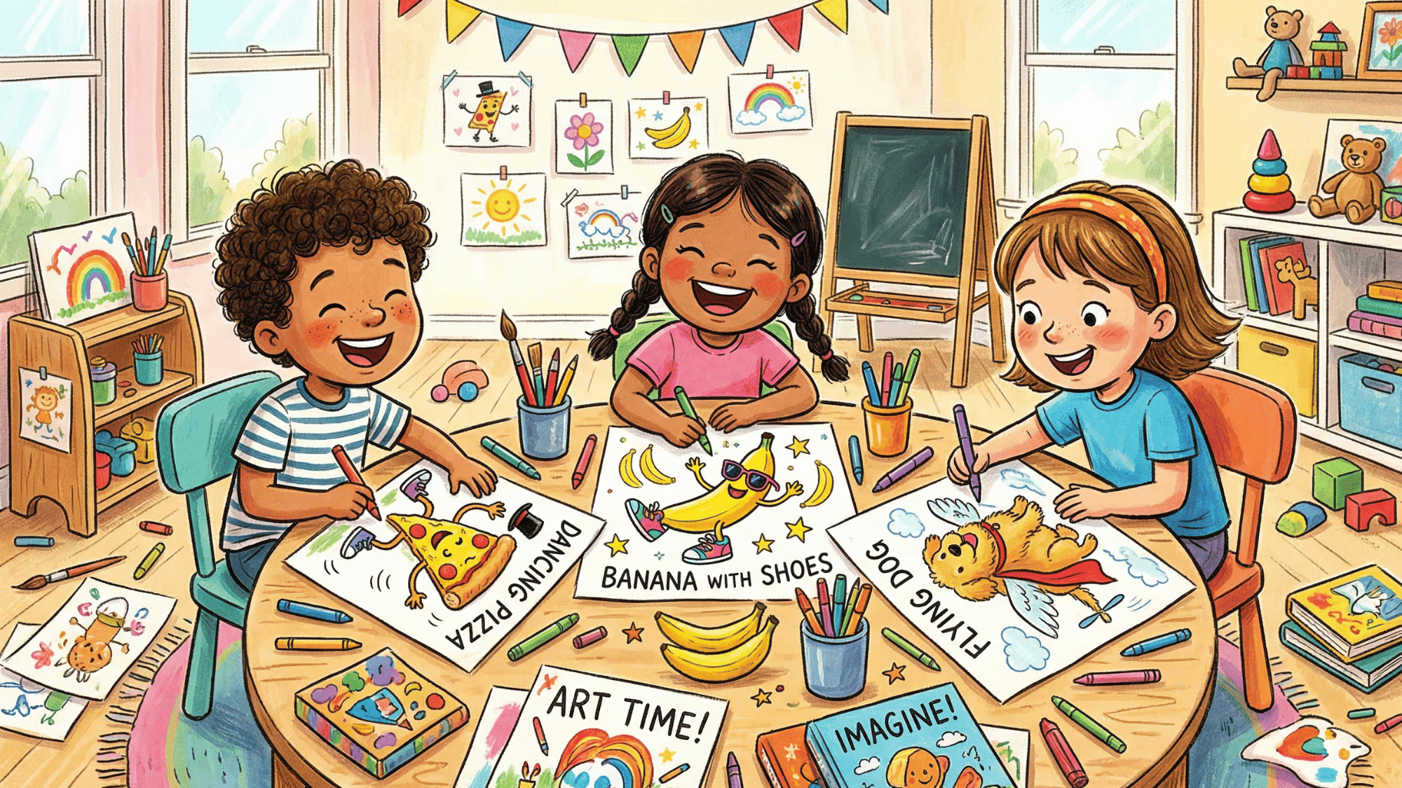 kids drawing silly ideas like dancing pizza, banana with shoes, flying dog, bright and playful style