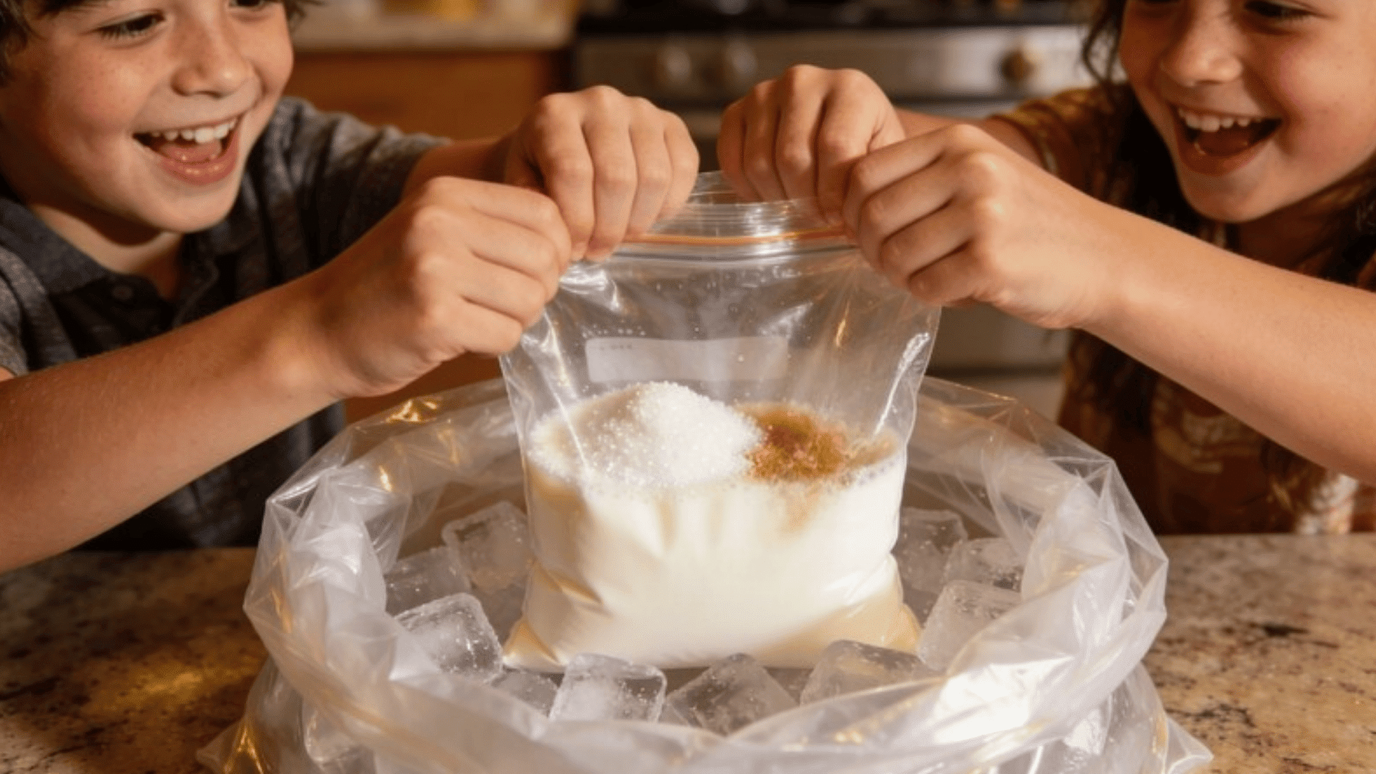 kids shaking a plastic bag of milk, sugar, vanilla inside ice-filled larger bag, kitchen countertop, joyful expressions