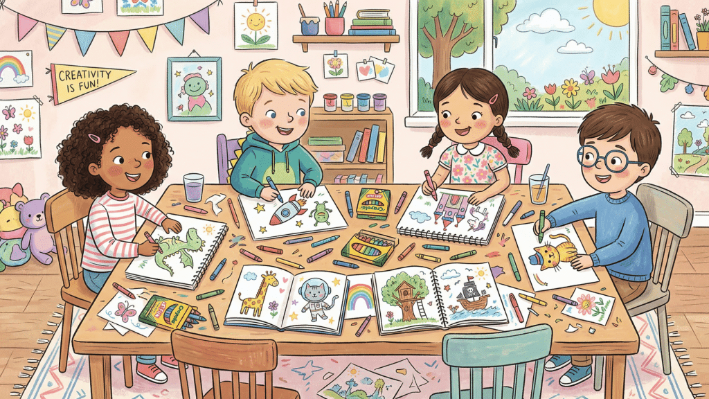 kids sitting around table drawing with crayons and sketchbooks in colorful classroom full of art and creativity