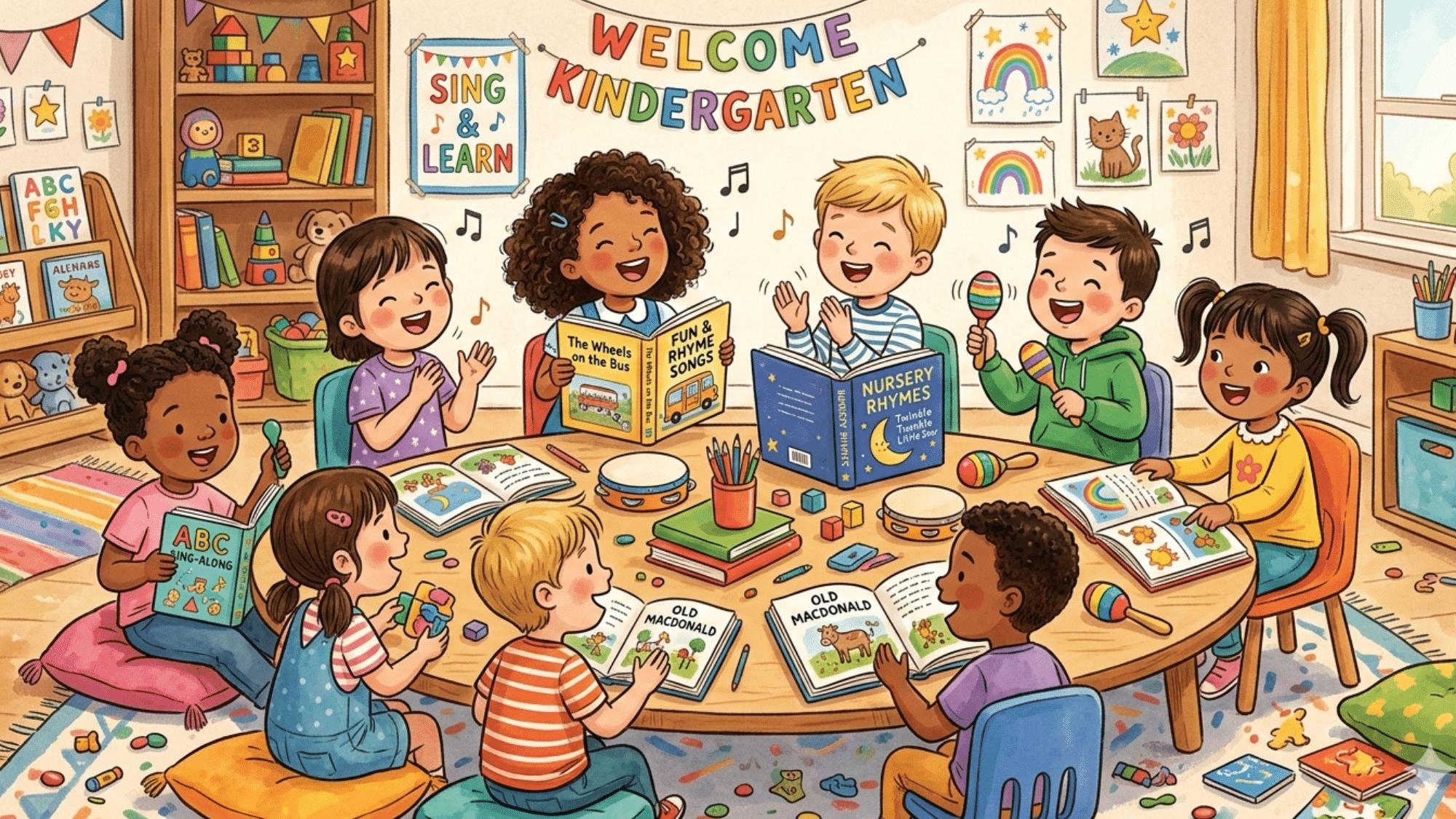 kindergarten kids reading and singing rhyme books