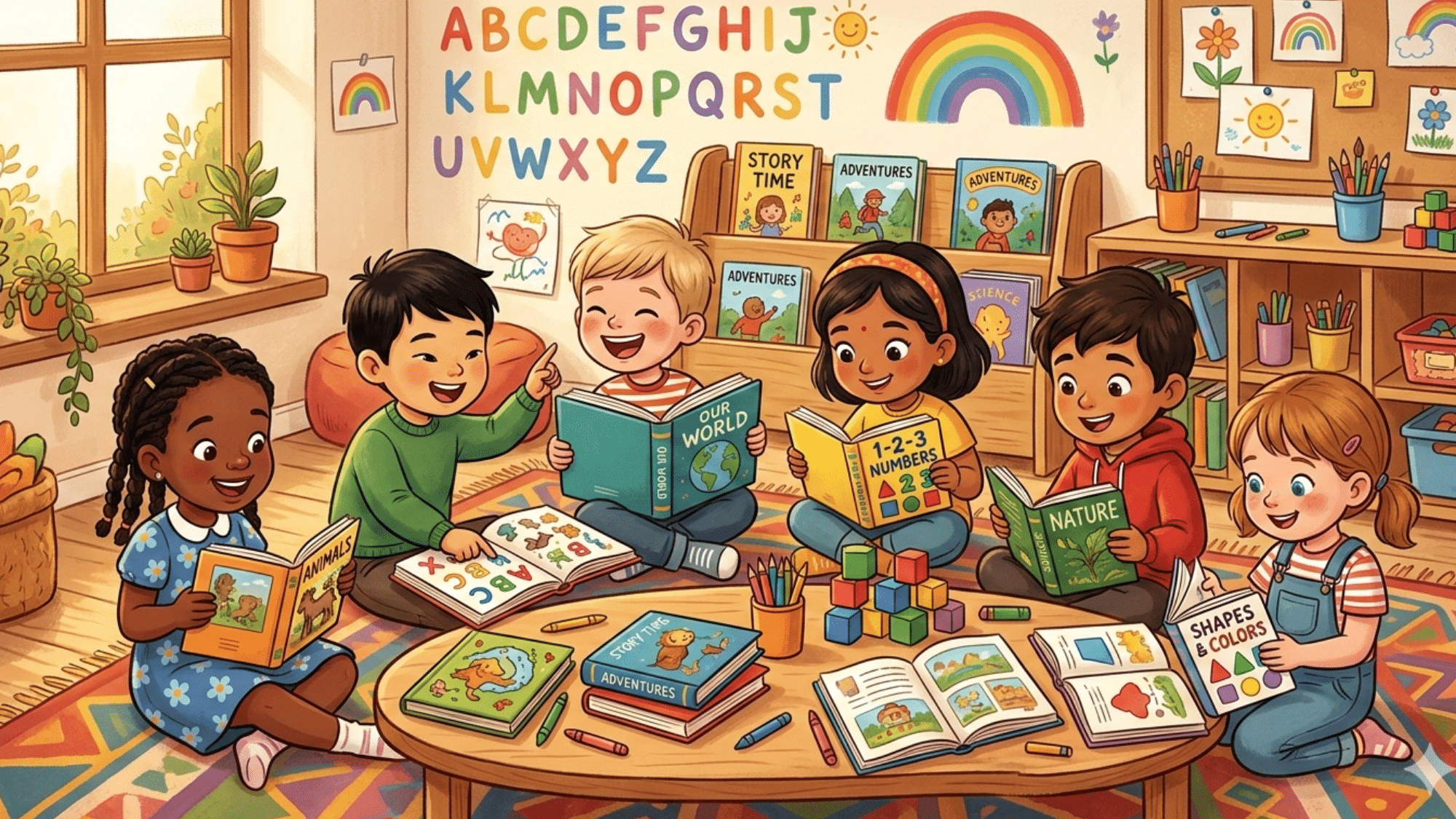 kindergarten room with kids studying educational books