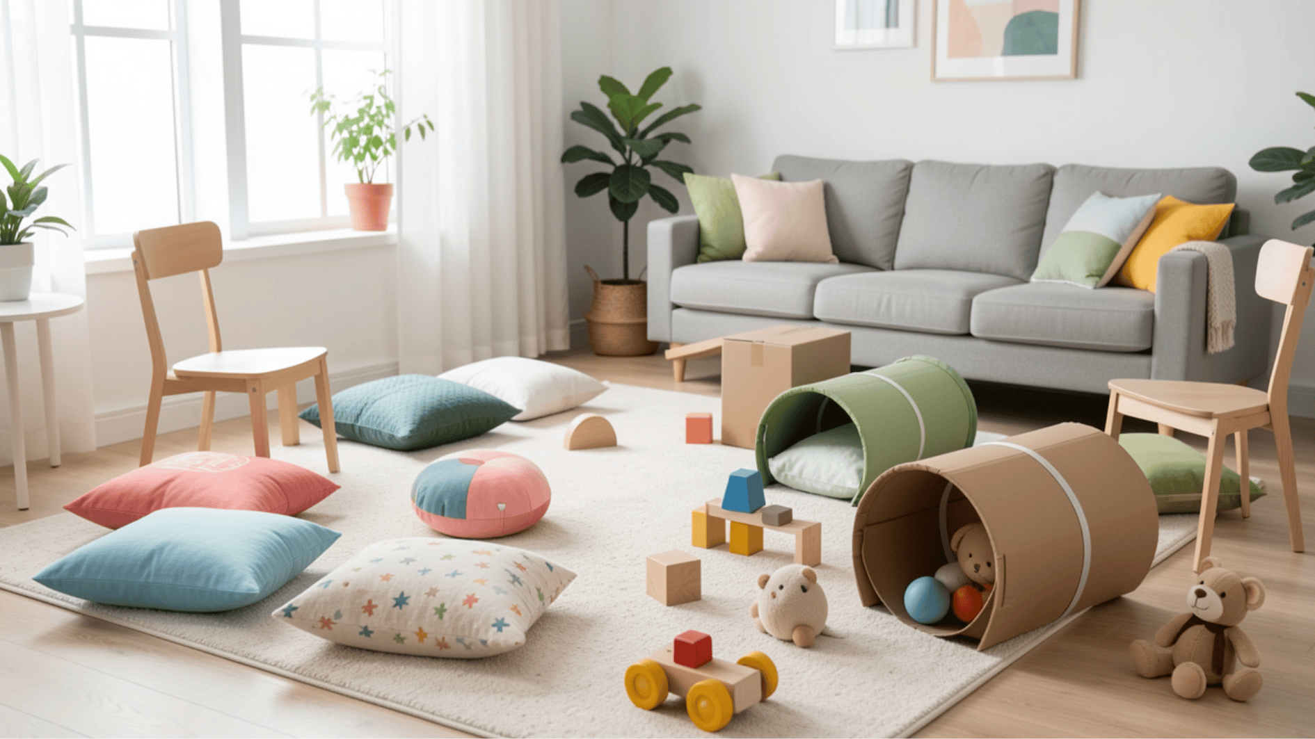 living room set up with pillows, chairs, tunnels, and toys arranged as a fun indoor obstacle course for kids
