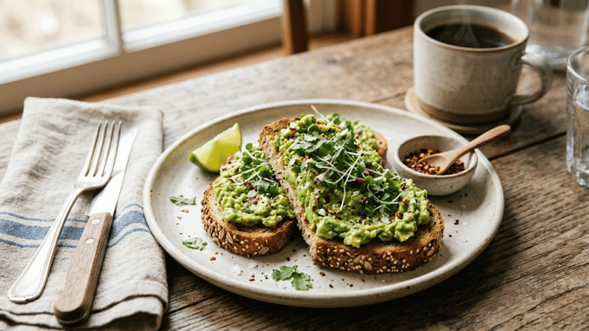 mashed avocado spread on whole grain toast, topped with herbs and seeds, served on a ceramic plate with a cup of coffee on a wooden table in natural light.