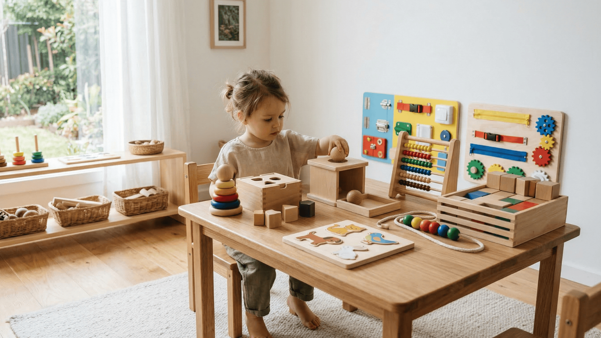 montessori toys arranged on a wooden table including stacking rings, puzzles, and learning tools for kids