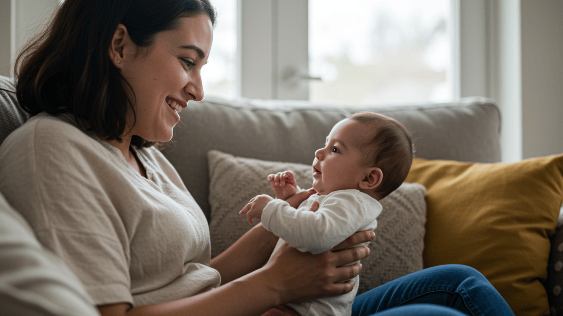 mother smiling while holding baby on couch, sharing a gentle moment in a bright, cozy living room