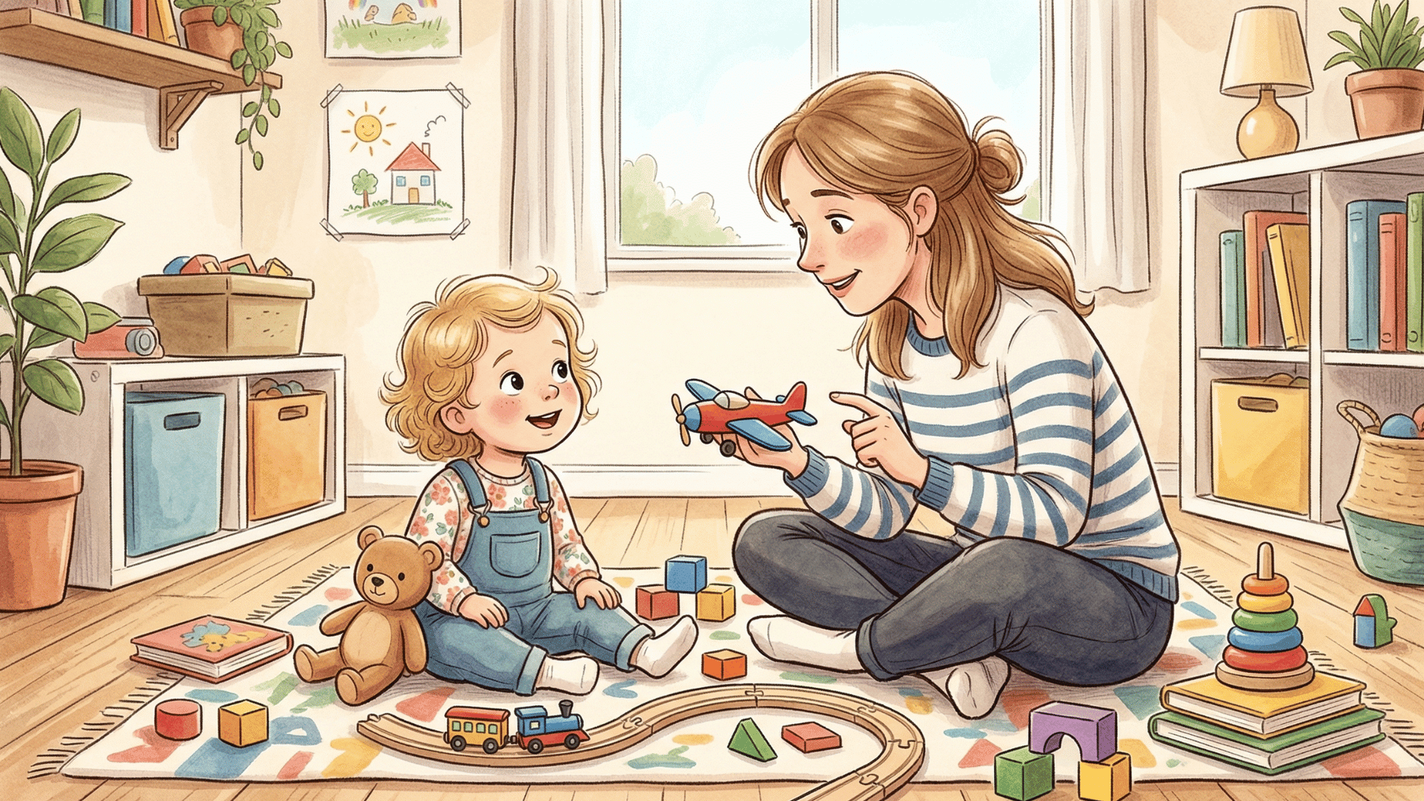 mother talking slowly to child during playtime with toys